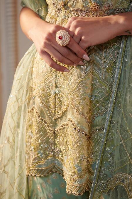 Buy Adaara Couture Green Silk, Brocade, Georgette Hand Embroidered Short Kurta Sharara Set Online at Aza Fashions Buy_Adaara Couture_Green Silk, Brocade, Georgette Hand Embroidered Short Kurta Sharara Set _Online_at_Aza_Fashions