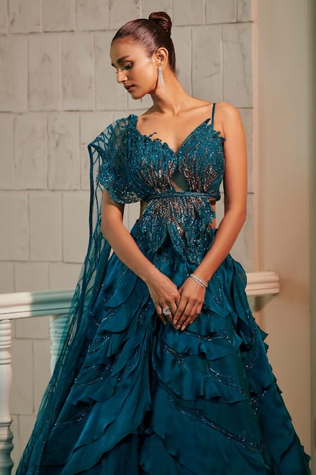 Adaara Couture Blue Bamboo, Organza Embroidery, Sequins, Crystals V-neck Hand Top And Skirt Set Online at Aza Fashions Adaara Couture_Blue Bamboo, Organza Embroidery, Sequins, Crystals V-neck Hand Top And Skirt Set _Online_at_Aza_Fashions
