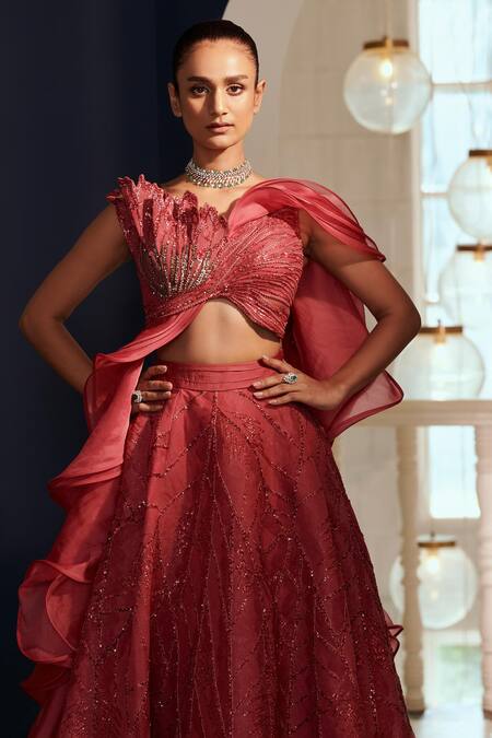 Adaara Couture Pink Bamboo, Organza Sequins, Crystals, Beads V-neck Embroidered Top And Skirt Set Online at Aza Fashions Adaara Couture_Pink Bamboo, Organza Sequins, Crystals, Beads V-neck Embroidered Top And Skirt Set _Online_at_Aza_Fashions