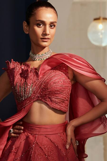 Buy Adaara Couture Pink Bamboo, Organza Sequins, Crystals, Beads V-neck Embroidered Top And Skirt Set Online at Aza Fashions Buy_Adaara Couture_Pink Bamboo, Organza Sequins, Crystals, Beads V-neck Embroidered Top And Skirt Set _Online_at_Aza_Fashions