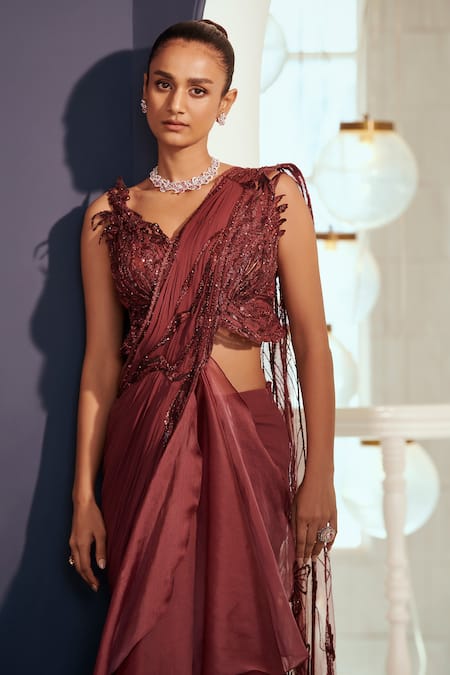 Buy_Adaara Couture_Wine Organza, Georgette Sequins, Hand Embroidered Pre-draped Saree With Blouse _Online_at_Aza_Fashions