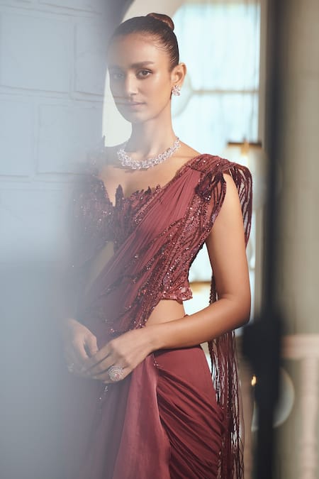 Shop_Adaara Couture_Wine Organza, Georgette Sequins, Hand Embroidered Pre-draped Saree With Blouse _Online_at_Aza_Fashions