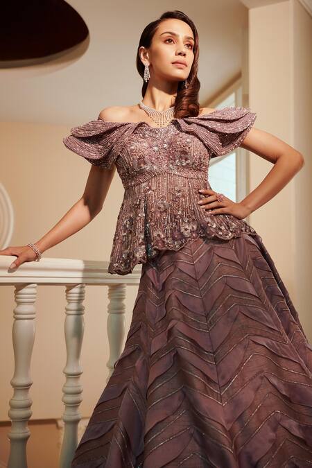 Adaara Couture Purple Satin, Organza, Silk Sequins Hand Embroidered Top And Skirt Set Online at Aza Fashions Adaara Couture_Purple Satin, Organza, Silk Sequins Hand Embroidered Top And Skirt Set _Online_at_Aza_Fashions