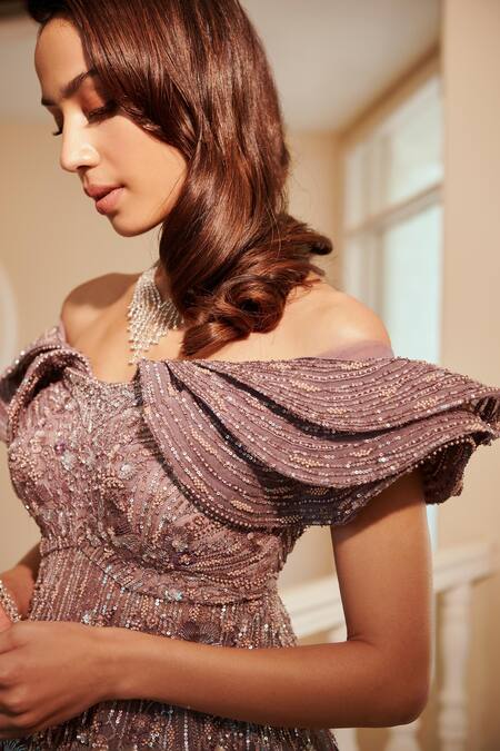 Buy Adaara Couture Purple Satin, Organza, Silk Sequins Hand Embroidered Top And Skirt Set Online at Aza Fashions Buy_Adaara Couture_Purple Satin, Organza, Silk Sequins Hand Embroidered Top And Skirt Set _Online_at_Aza_Fashions