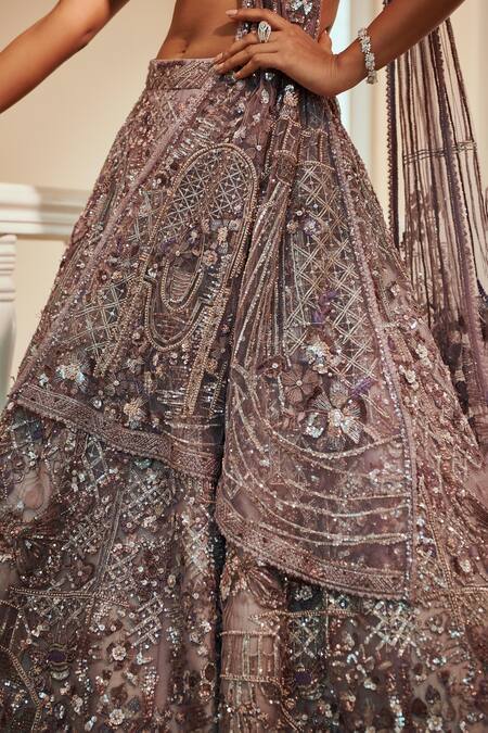 Buy_Adaara Couture_Purple Silk, Net Embroidery, Sequins, Beads V-neck Blouse Bridal Lehenga Set _Online_at_Aza_Fashions