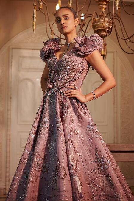 Adaara Couture_Purple Silk, Net Embroidery, Crystals V-neck Hand Gown _Online_at_Aza_Fashions
