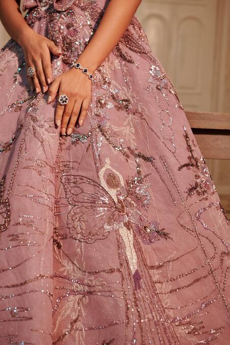 Buy_Adaara Couture_Purple Silk, Net Embroidery, Crystals V-neck Hand Gown _Online_at_Aza_Fashions