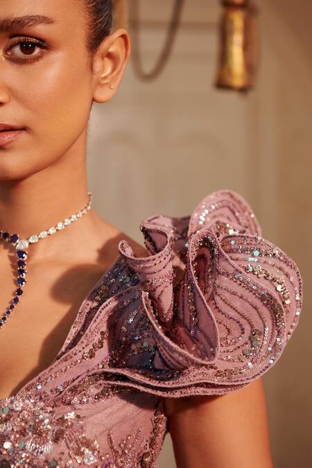 Shop_Adaara Couture_Purple Silk, Net Embroidery, Crystals V-neck Hand Gown _Online_at_Aza_Fashions