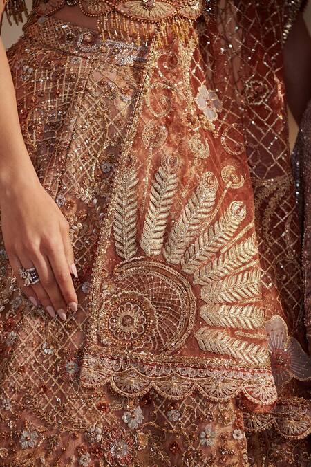 Adaara Couture_Orange Silk, Net Crystals, Pearls, Embroidery Floral Hand Bridal Lehenga Set _Online_at_Aza_Fashions