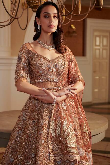 Buy_Adaara Couture_Orange Silk, Net Crystals, Pearls, Embroidery Floral Hand Bridal Lehenga Set _Online_at_Aza_Fashions