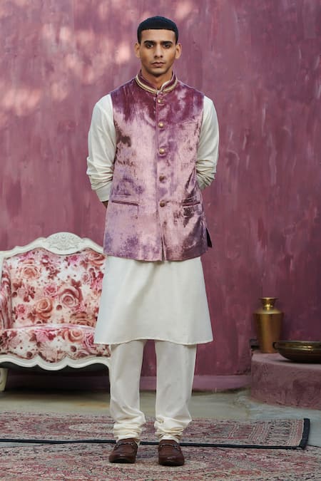 Weaver Story_Pink Velvet Embroidery Onion Nehru Jacket _Online_at_Aza_Fashions