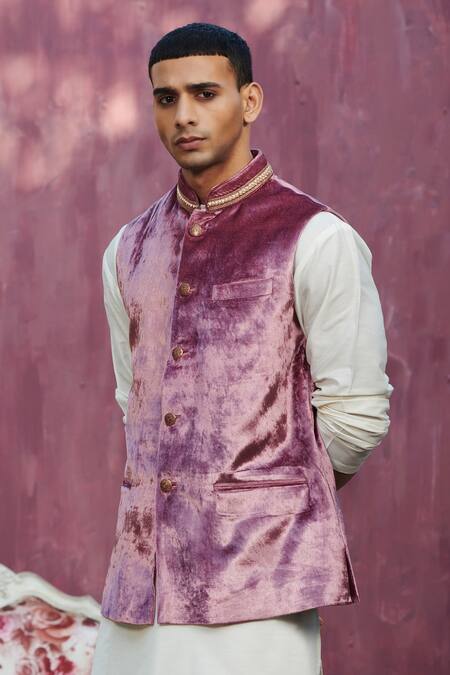 Buy_Weaver Story_Pink Velvet Embroidery Onion Nehru Jacket _Online_at_Aza_Fashions
