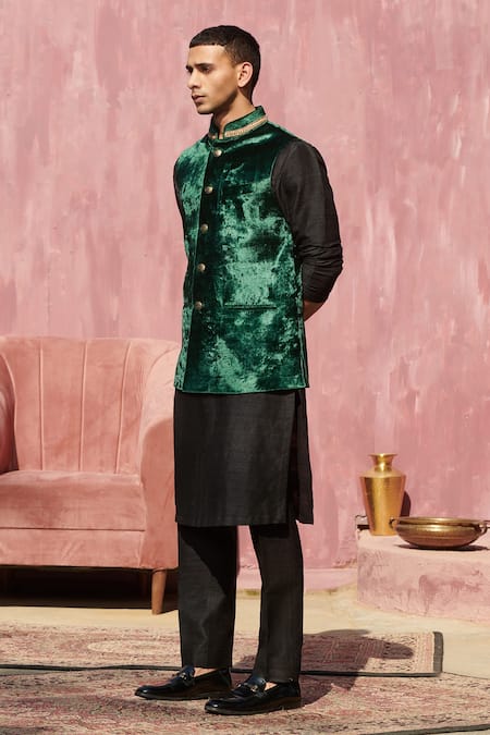 Weaver Story Green Velvet Embroidery Dabka Embellished Nehru Jacket Online at Aza Fashions Weaver Story_Green Velvet Embroidery Dabka Embellished Nehru Jacket _Online_at_Aza_Fashions