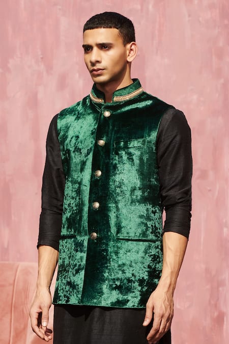 Buy Weaver Story Green Velvet Embroidery Dabka Embellished Nehru Jacket Online at Aza Fashions Buy_Weaver Story_Green Velvet Embroidery Dabka Embellished Nehru Jacket _Online_at_Aza_Fashions