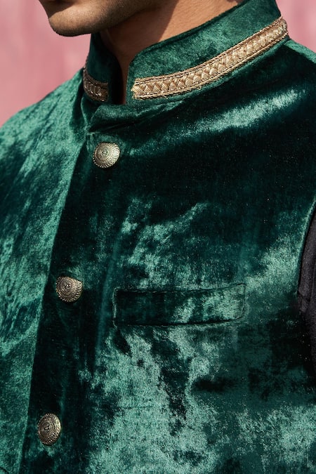 Shop Weaver Story Green Velvet Embroidery Dabka Embellished Nehru Jacket Online at Aza Fashions Shop_Weaver Story_Green Velvet Embroidery Dabka Embellished Nehru Jacket _Online_at_Aza_Fashions