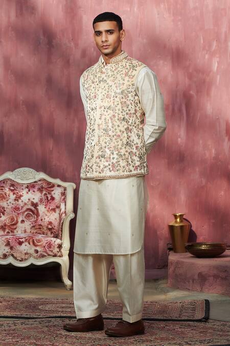 Weaver Story_Off White Velvet Embroidery Floral Jaal Nehru Jacket _Online_at_Aza_Fashions