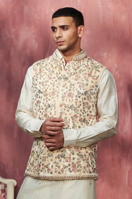 Buy_Weaver Story_Off White Velvet Embroidery Floral Jaal Nehru Jacket _Online_at_Aza_Fashions