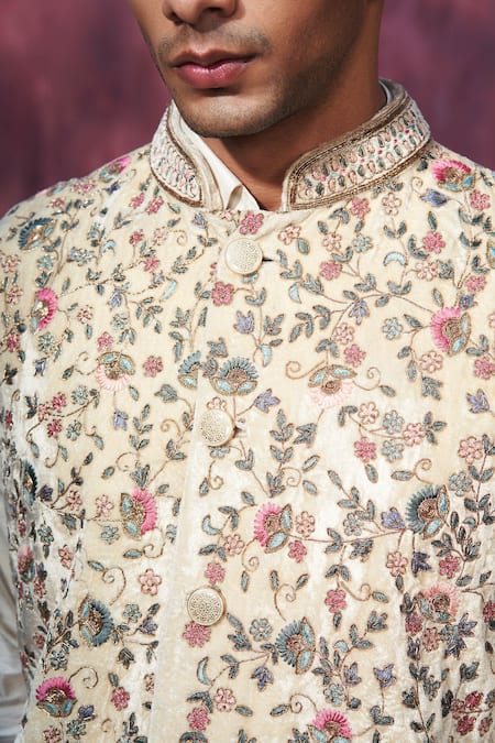 Shop_Weaver Story_Off White Velvet Embroidery Floral Jaal Nehru Jacket _Online_at_Aza_Fashions
