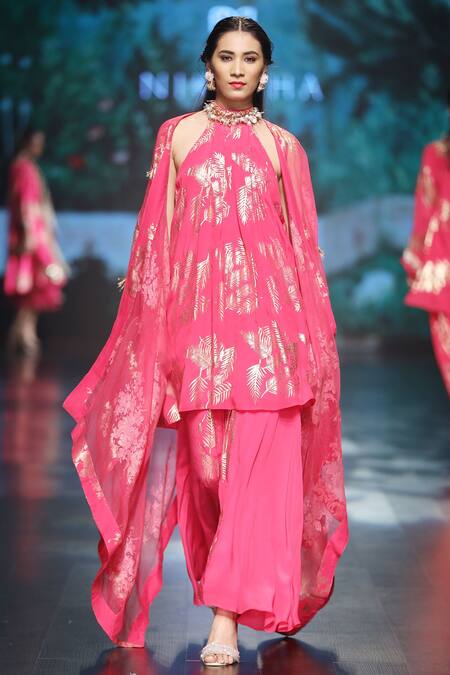 Nikasha Pink Crepe Embellished Leaf Motifs Halter Neck Cape And Skirt Set For Women