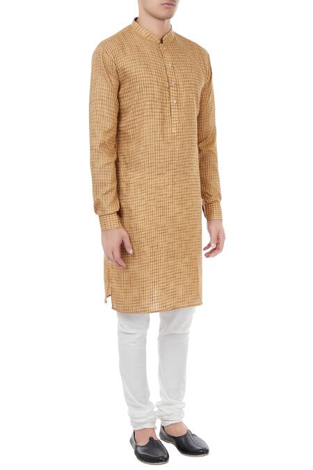 Chatenya Mittal_Beige Houndstooth Pattern Classic Kurta_Online_at_Aza_Fashions