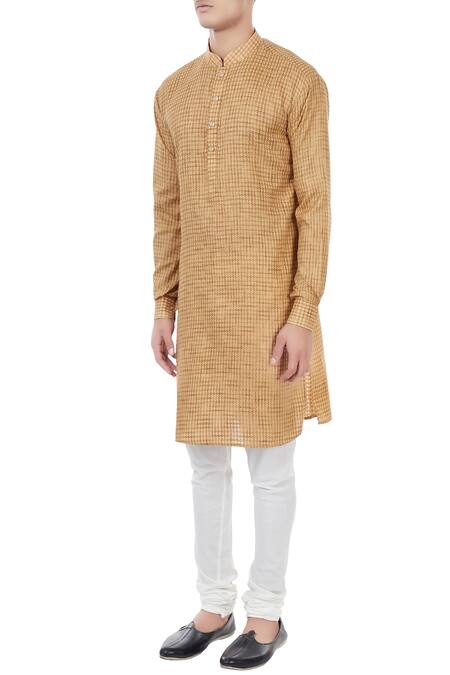 Buy_Chatenya Mittal_Beige Houndstooth Pattern Classic Kurta_Online_at_Aza_Fashions