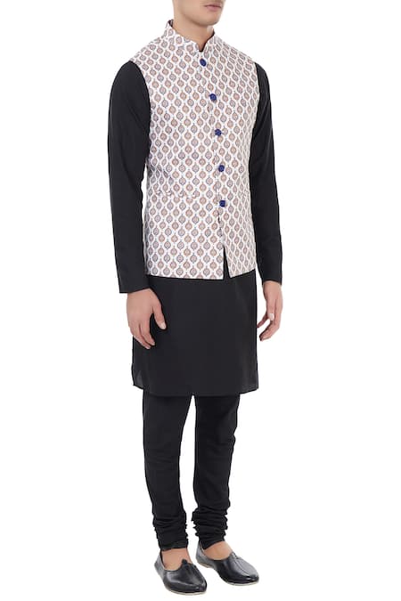 Chatenya Mittal_White Cotton Ethnic Motifs Printed Nehru Jacket _Online_at_Aza_Fashions