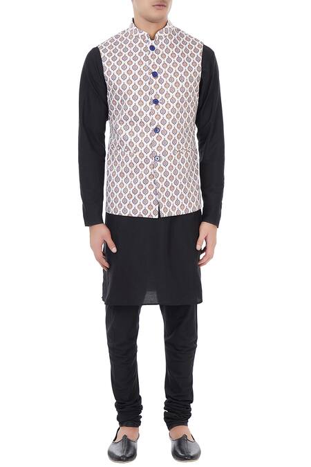 Shop_Chatenya Mittal_White Cotton Ethnic Motifs Printed Nehru Jacket _Online_at_Aza_Fashions