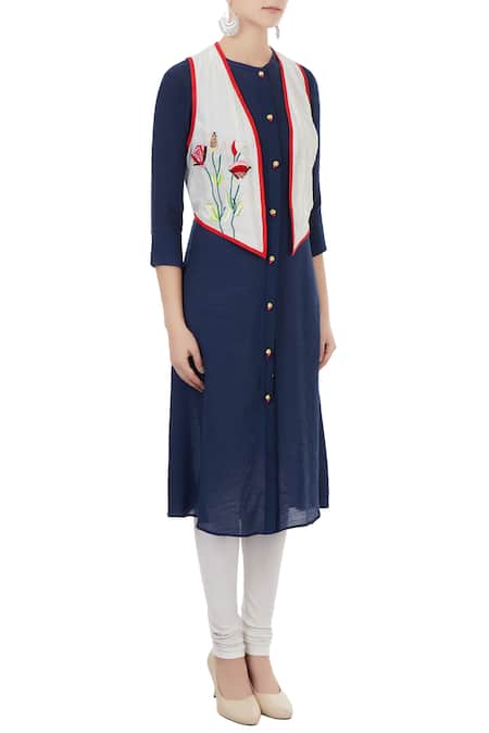 Desert Shine By Sulochana Jangir_Blue Linen Georgette Printed Hand Block Notched Kurta With Jacket_Online_at_Aza_Fashions