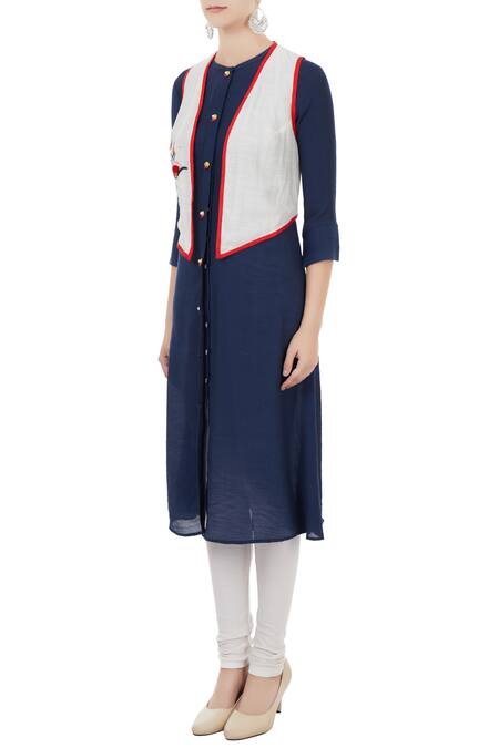 Buy_Desert Shine By Sulochana Jangir_Blue Linen Georgette Printed Hand Block Notched Kurta With Jacket_Online_at_Aza_Fashions