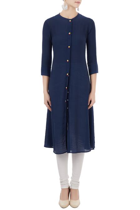 Shop_Desert Shine By Sulochana Jangir_Blue Linen Georgette Printed Hand Block Notched Kurta With Jacket_Online_at_Aza_Fashions