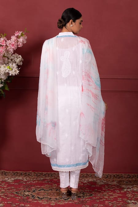 Shop Ruh Clothing White Chiffon, Lycra, Organic Chikankari, Tie Floral Kurta Set at Aza Fashions Shop_Ruh Clothing_White Chiffon, Lycra, Organic Chikankari, Tie Floral Kurta Set _at_Aza_Fashions