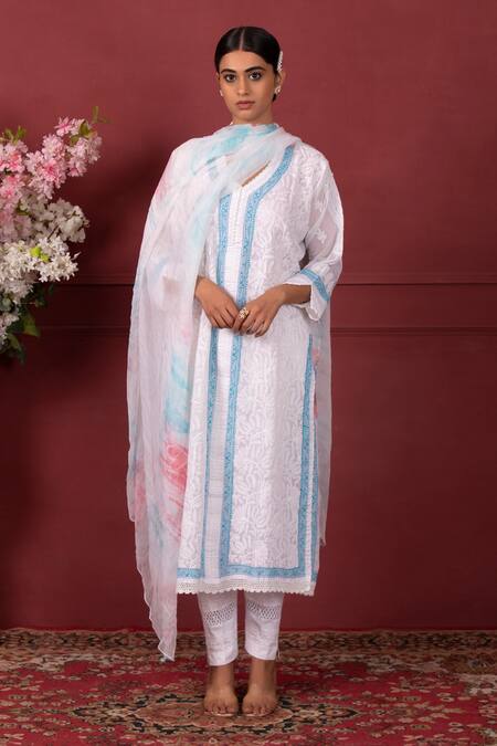 Ruh Clothing White Chiffon, Lycra, Organic Chikankari, Tie Floral Kurta Set Online at Aza Fashions Ruh Clothing_White Chiffon, Lycra, Organic Chikankari, Tie Floral Kurta Set _Online_at_Aza_Fashions