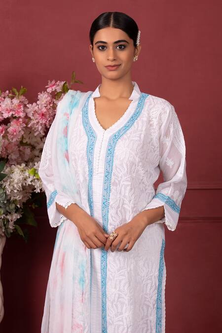 Buy Ruh Clothing White Chiffon, Lycra, Organic Chikankari, Tie Floral Kurta Set Online at Aza Fashions Buy_Ruh Clothing_White Chiffon, Lycra, Organic Chikankari, Tie Floral Kurta Set _Online_at_Aza_Fashions