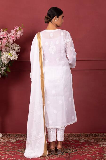 Shop Ruh Clothing White Lycra, Organic Chikankari Round Hand Embroidered Kurta Set at Aza Fashions Shop_Ruh Clothing_White Lycra, Organic Chikankari Round Hand Embroidered Kurta Set _at_Aza_Fashions