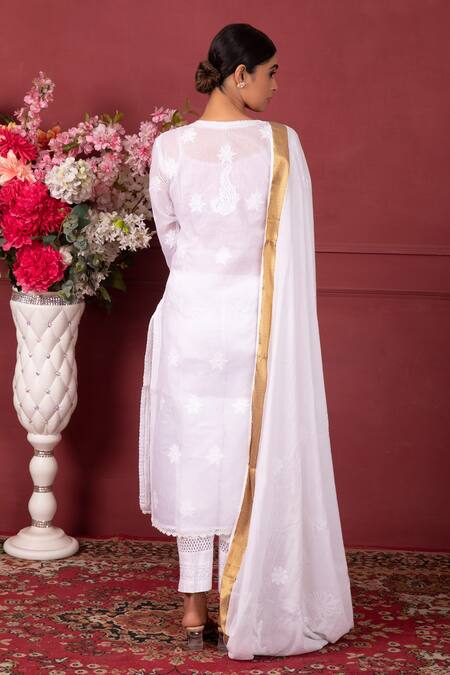 Shop Ruh Clothing White Lycra, Organic Chikankari Round Hand Embroidered Kurta Set at Aza Fashions Shop_Ruh Clothing_White Lycra, Organic Chikankari Round Hand Embroidered Kurta Set _at_Aza_Fashions