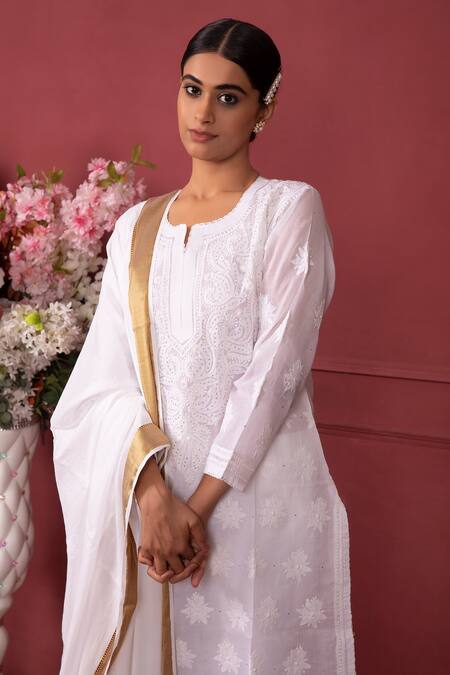 Ruh Clothing White Lycra, Organic Chikankari Round Hand Embroidered Kurta Set Online at Aza Fashions Ruh Clothing_White Lycra, Organic Chikankari Round Hand Embroidered Kurta Set _Online_at_Aza_Fashions