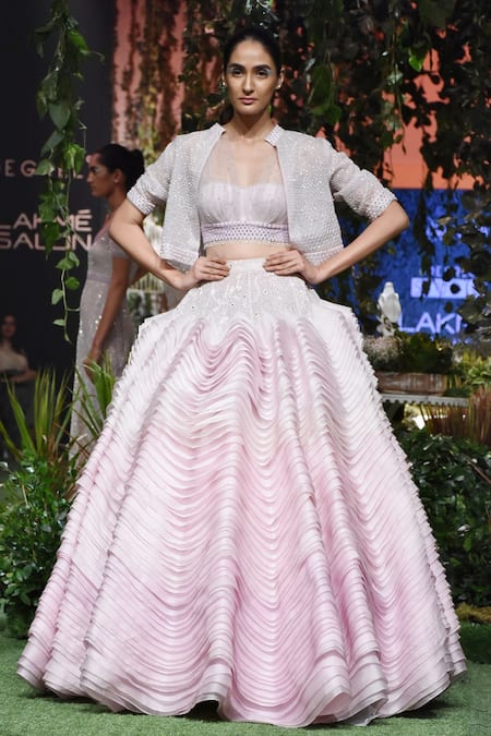 Shop_Shriya Som_Purple Sheer Silk Ruffle Skirt  _at_Aza_Fashions