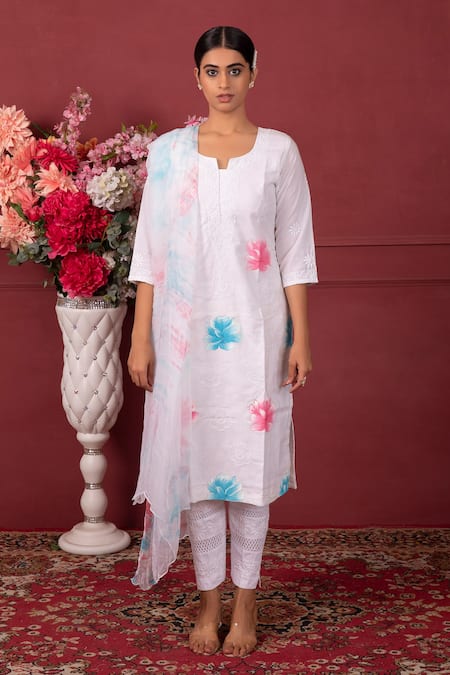 Buy White Organic Cotton Hand Embroidered Floral Painted Kurta Set