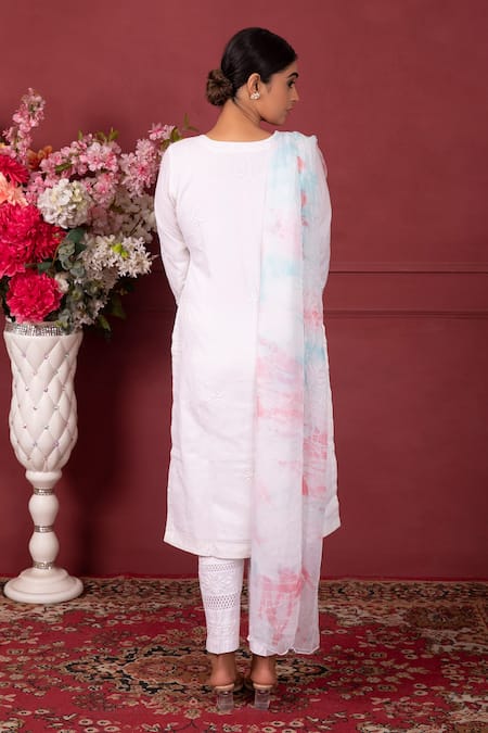Shop Ruh Clothing White Lycra, Organic Chikankari, Tie Floral Hand Painted Kurta Set at Aza Fashions Shop_Ruh Clothing_White Lycra, Organic Chikankari, Tie Floral Hand Painted Kurta Set _at_Aza_Fashions