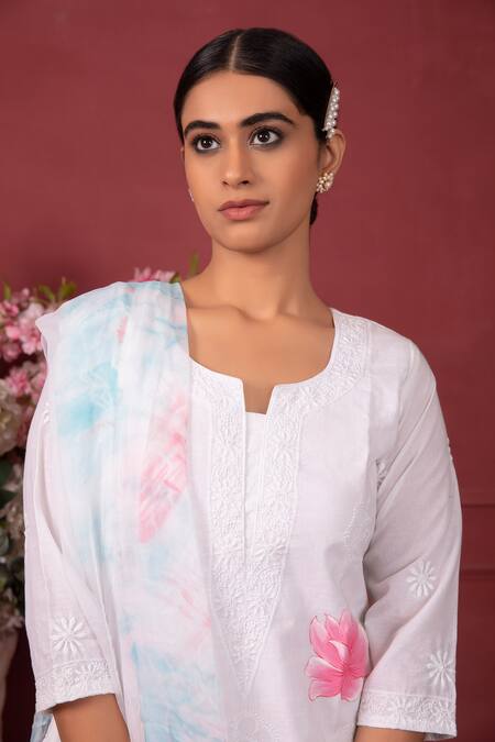 Ruh Clothing White Lycra, Organic Chikankari, Tie Floral Hand Painted Kurta Set Online at Aza Fashions Ruh Clothing_White Lycra, Organic Chikankari, Tie Floral Hand Painted Kurta Set _Online_at_Aza_Fashions