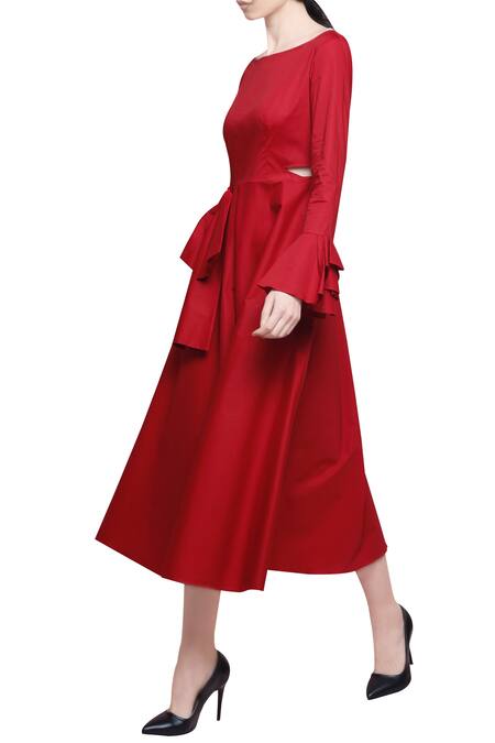 Manika Nanda_Red Cotton Satin Round Asymmetric Midi Dress _Online_at_Aza_Fashions