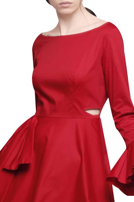 Buy Manika Nanda Red Cotton Satin Round Asymmetric Midi Dress Online at Aza Fashions Buy_Manika Nanda_Red Cotton Satin Round Asymmetric Midi Dress _Online_at_Aza_Fashions