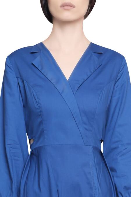 Shop Manika Nanda Blue V Neck Cotton Asymmetric Dress Online at Aza Fashions Shop_Manika Nanda_Blue V Neck Cotton Asymmetric Dress _Online_at_Aza_Fashions