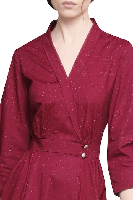 Buy Manika Nanda Red Blended Cotton V Neck Wrap Dress Online at Aza Fashions Buy_Manika Nanda_Red Blended Cotton V Neck Wrap Dress _Online_at_Aza_Fashions