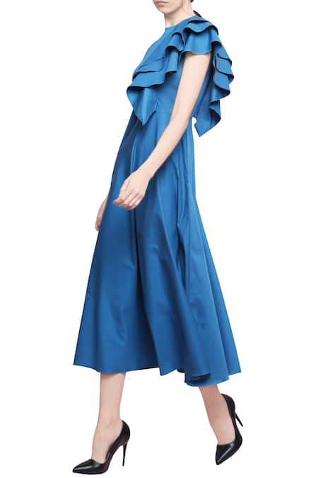 Manika Nanda_Blue Cotton Satin Round Ruffle Midi Dress _Online_at_Aza_Fashions