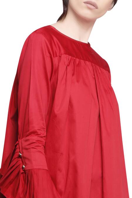Buy Manika Nanda Red Cotton Satin Round Flared Dress Online at Aza Fashions Buy_Manika Nanda_Red Cotton Satin Round Flared Dress _Online_at_Aza_Fashions