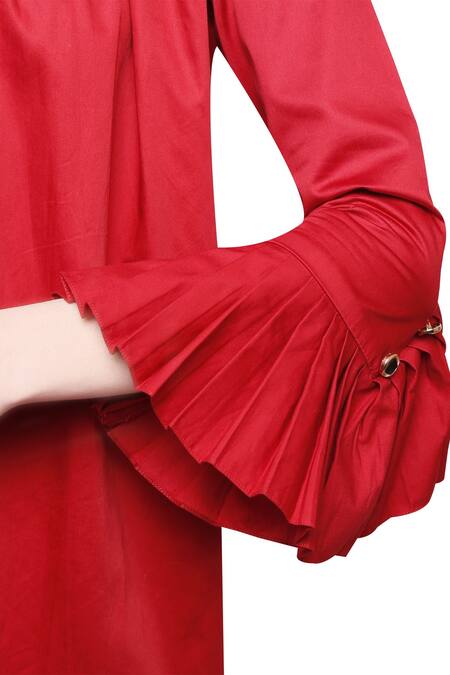 Shop_Manika Nanda_Red Cotton Satin Round Flared Dress _Online_at_Aza_Fashions