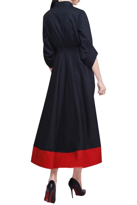 Shop_Manika Nanda_Black V Neck Flared Midi Dress _at_Aza_Fashions