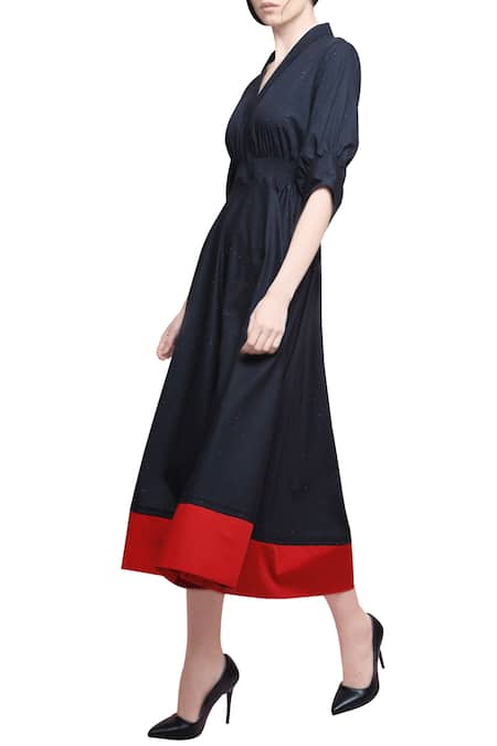 Manika Nanda_Black V Neck Flared Midi Dress _Online_at_Aza_Fashions