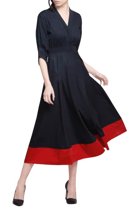 Buy_Manika Nanda_Black V Neck Flared Midi Dress _Online_at_Aza_Fashions